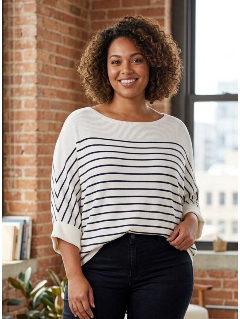 Chicsoul Striped Poncho Sweater White & Navy Size 3X